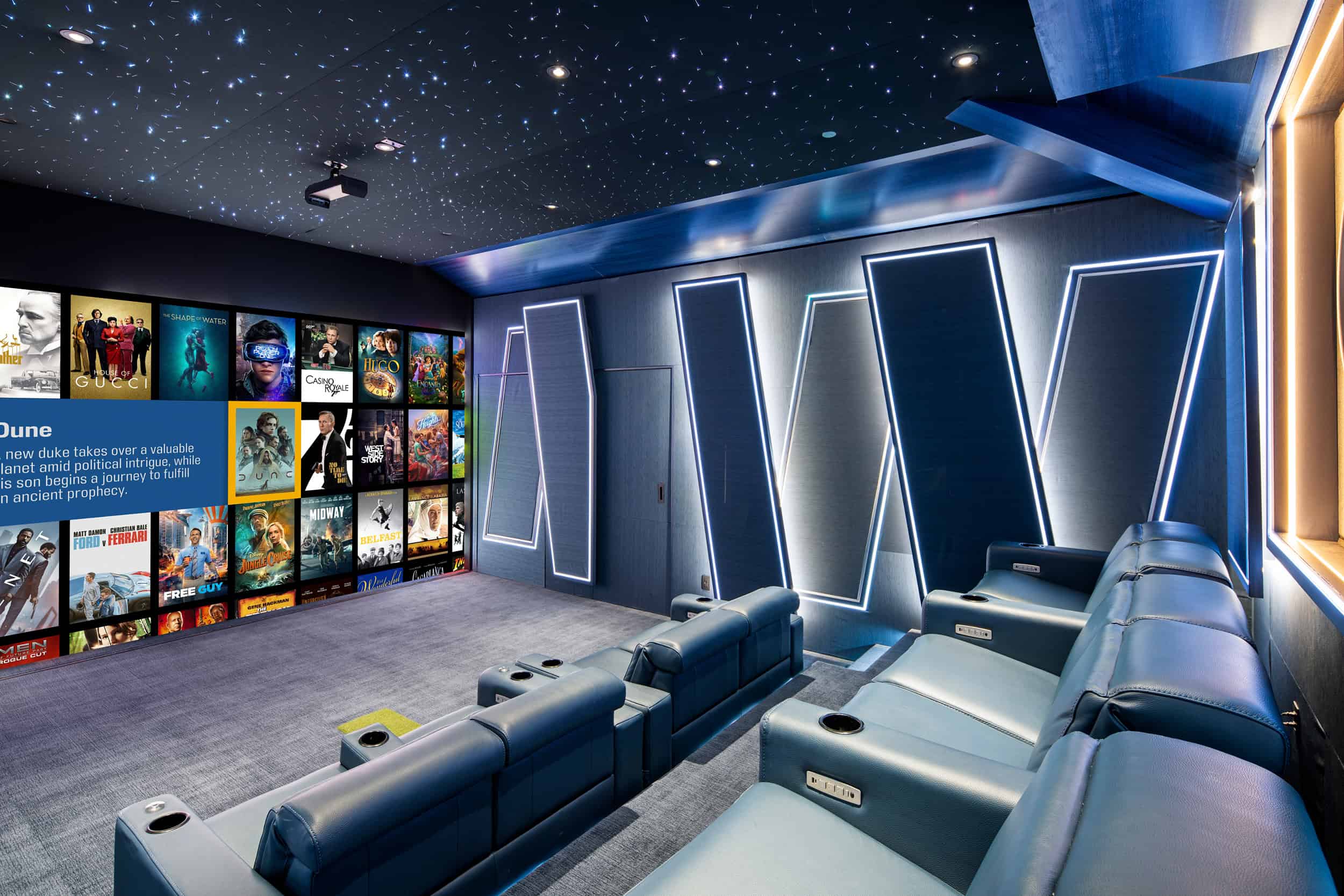 A modern home theater room featuring LED wall art, cozy recliners, and a cinematic movie library.